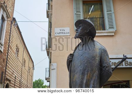 VERONA, ITALY - JULY 13: Bronze statue of poet Berto Barbarani in Piazza delle Erbe. July 11, 2015 in Verona.