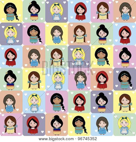Seamless Pattern With Cute Little Princess, background for girls.