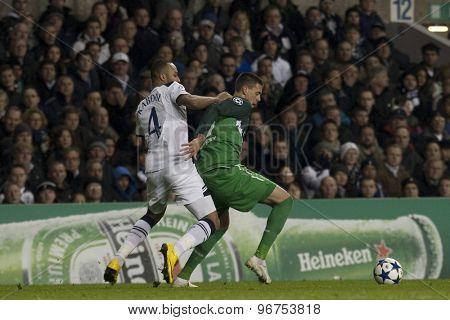 LONDON ENGLAND, November 11 2010: Tottenham's defender Younes Kaboul and Werder Bremen's Sandro Wagner in action during the UEFA Champions League match between Tottenham Hotspur FC and Werder Bremen
