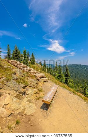 Beautiful Mountain Trail. Staircase and picnic bench. Blackwall Peak Trail at Manning Park in British Columbia. Canada.