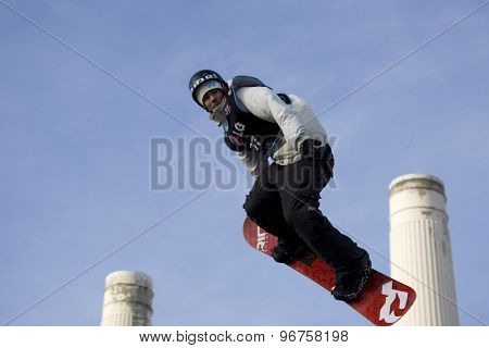 LONDON, ENGLAND. October 31 2009 Isak BJORNSTROM SWE takes to the air while competing in the LG FIS Snowboard World Cup Big Air Event, at the London Freeze snowboard and freestyle skiing event.