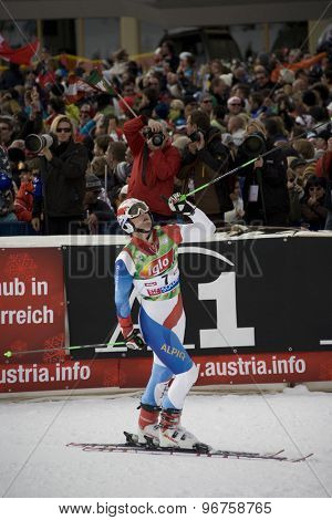SOELDEN, AUSTRIA Oct 25 2009 Carlo Janka (SUI) reacts in the finishing area after finshing 3rd in the mens giant slalom race at the Rettenbach Glacier.