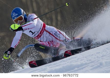 GARMISCH PARTENKIRCHEN, GERMANY. Feb 19 2011: Marlies Schild (AUT) competing in the women's slalom race , at the 2011 Alpine skiing World Championships