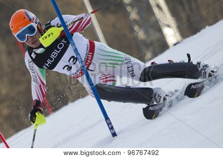 GARMISCH PARTENKIRCHEN, GERMANY. Feb 14 2011: Yuri Danilochkin (BLR) competing in the men's slalom at the 2011 Alpine skiing World Championships