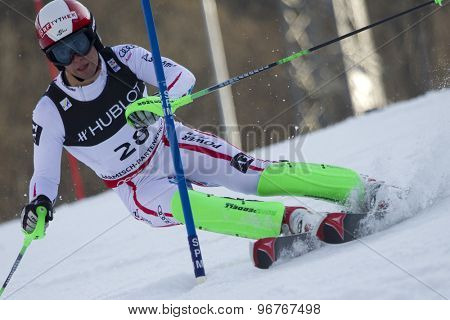 GARMISCH PARTENKIRCHEN, GERMANY. Feb 14 2011: Bjoern Sieber (AUT) competing in the men's slalom at the 2011 Alpine skiing World Championships