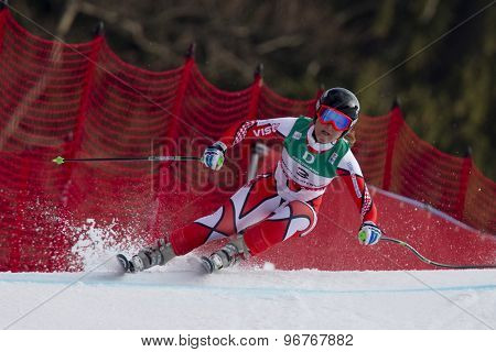 GARMISCH PARTENKIRCHEN, GERMANY. Feb 13 2011: Alexandra Coletti (MON) speeds down the course competing in the women's downhill race at the 2011 Alpine skiing World Championships