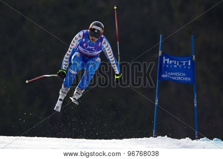 GARMISCH PARTENKIRCHEN, GERMANY. Feb 12 2011: Hans Olsson (SWE) takes to the air competing in the men's downhill at the 2011 Alpine skiing World Championships