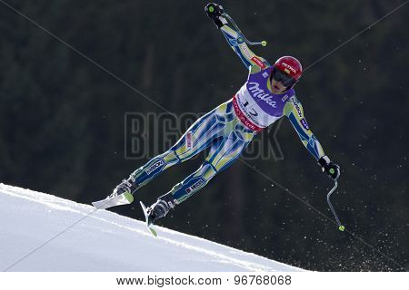 GARMISCH PARTENKIRCHEN, GERMANY. Feb 12 2011: Andrej Sporn (SLO) takes to the air competing in the men's downhill at the 2011 Alpine skiing World Championships