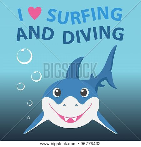 Surfing and diving summer theme with little smiling shark.
