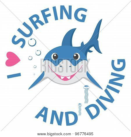 Surfing and diving summer theme with little smiling shark.