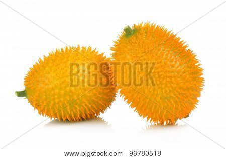 Baby Jackfruit, Spiny Bitter Gourd, Sweet Grourd Or Cochinchin Gourd On White Background