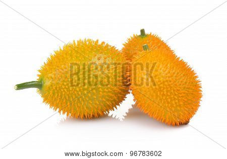 Baby Jackfruit, Spiny Bitter Gourd, Sweet Grourd Or Cochinchin Gourd On White Background