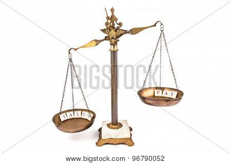 Commercial concept of imbalanced scale. Income exceeds taxes