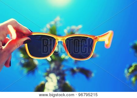 Female hand holding colorful sunglases against palm tree and blue sunny sky