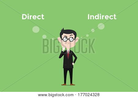 confuse to decide for using direct or indirect method illustration with white bubble text and a man use eyeglasses vector