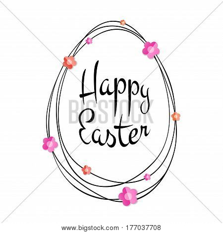 Vector Happy Easter black typographic calligraphic lettering with gold scribble egg frame and colorful paper flowers isolated on white background. Retro holiday easter badge. Religious holiday sign.
