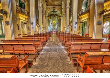 Macau, China - December 8, 2016: interior of Saint Dominics Church, baroque style cathedral at Senado Square in Historic Centre of Macau, Unesco Heritage Site, one of major tourist attractions.