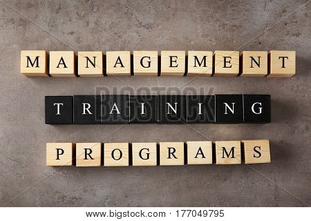 Wooden cubes with text MANAGEMENT TRAINING PROGRAMS on color background