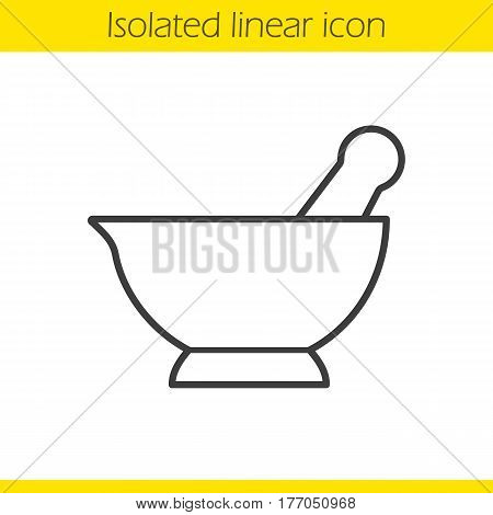 Mortar and pestle linear icon. Naturopathy thin line illustration. Alternative herbal medicine contour symbol. Vector isolated outline drawing