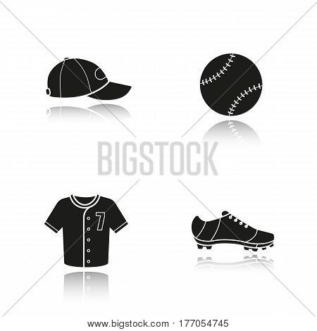 Baseball drop shadow black icons set. Softball equipment. Ball, cap, shoe and t-shirt. Isolated vector illustrations