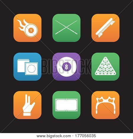 Billiard flat design icons set. Pool ball rack, cues, brush, glove, eight ball, chalk, table, rest head, burning ball. Web application interface. Vector illustrations