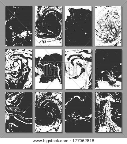 Marbling, ebru, suminagashi. Set of cards with texture, the effect of ink on the water. Abstract background. Design of cards. Vector illustration.