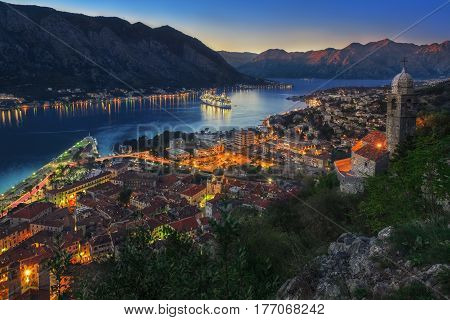 Montenegro Kotor Bay at Sunset. Long exposure photo.