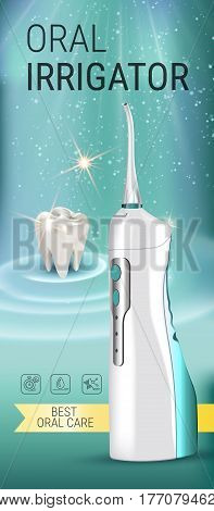 Electric Oral Irrigator ads. Vector 3d Illustration with Portable Water Pick Flosser. Vertical banner with high tech products.