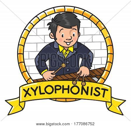 Funny musician or xylophone player. Profession ABC series. Children vector illustration. Alphabet X Emblem