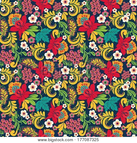 Hand drawn Abstract Floral seamless onate pattern in style Hohloma traditional ornaments