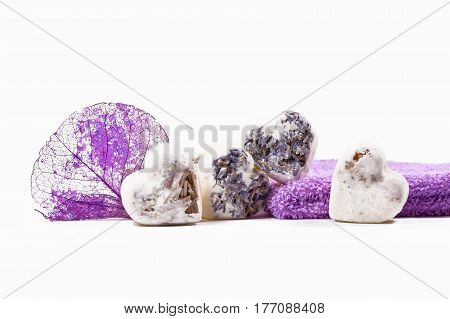 Spa soap lavender hearts with violet towel and dry leaf