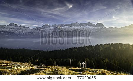 autumn panorama Montasio plateau overlooking mountain Canin