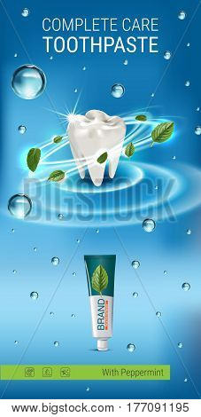 Antibacterial toothpaste ads. Vector 3d Illustration with toothpaste and mind leaves. Vertical banner with product.