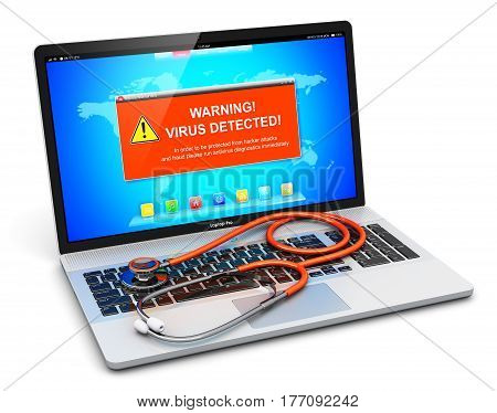 3D render illustration of modern black glossy metal office laptop or notebook with virus alert attack warning message on screen display and medical stethoscope isolated on white background