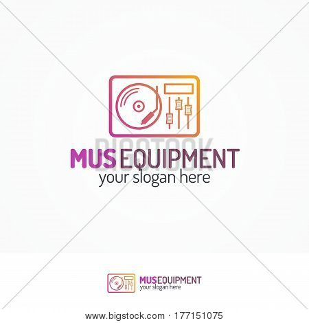 Music equipment logo set with record-player icon line modern color style isolated on white background for use music store, sound company, audio system shop, dj market etc. Vector Illustration