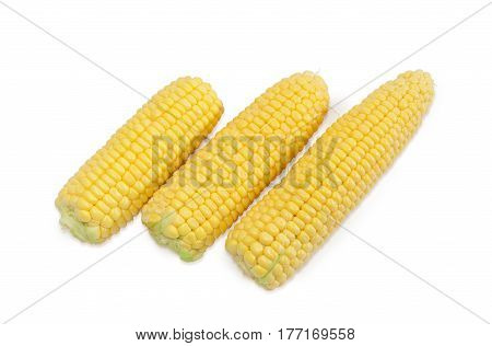 Three ears of the freshly picked young corn on the cob without green husks on a light background