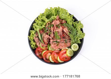 Spicy Fried Pork With Herb In Shrimp Paste Dip .