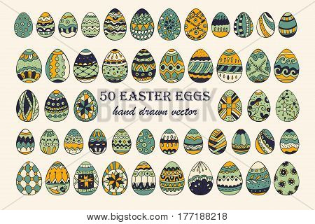 Big vector Easter egg set. 50 Easter hand-drawn decorative ornate egg elements for your design.