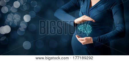 Artificial intelligence (AI) and cyborg born, genetic programming, neural networks concepts. Pregnant woman with cyborg represented by brain in printed circuit board (PCB) design.