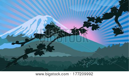 Stylized Mount Fuji in Japan. Landscape. Vector design. Silhouette of a flowering sakura branch