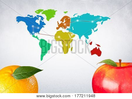 Digital composite of colored fruits against world map