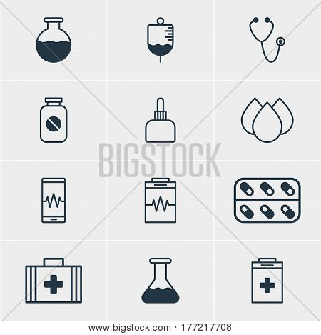 Vector Illustration Of 12 Medicine Icons. Editable Pack Of Medicament Pitcher, Aspirin, Exigency And Other Elements.