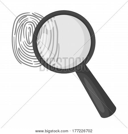 Magnifier and fingerprint. Detection of criminals by fingerprint.Prison single icon in monochrome style vector symbol stock web illustration.