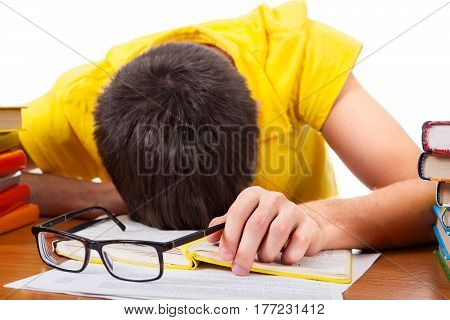 Tired Teenager sleep on the Books Isolated on the White