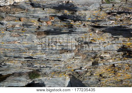 Schist strongly eroded to sharp blades by water and the stones it carries. Pulo do Lobo Guadiana river valley Natural park Alentejo Portugal.