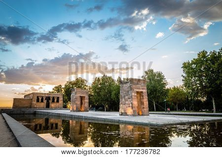 Madrid Spain - September 27 2014: Sunset on Temple of Debod. Temple of Debod. It is an Egyptian temple dating back to the 2nd century BC. The temple was donated to Spain by the Egyptian government