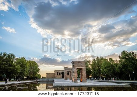 Madrid Spain - September 27 2014: Sunset on Temple of Debod. Temple of Debod. It is an Egyptian temple dating back to the 2nd century BC. The temple was donated to Spain by the Egyptian government