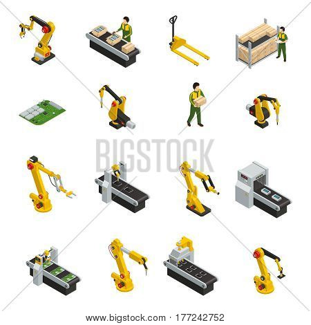 Electronics factory isometric elements with robotic machinery and conveyor of release product isolated decorative symbols vector illustration