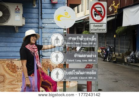 Asian Thai Woman Visit And Travel With Posing For Take Photo At Old Town Chanthaboon