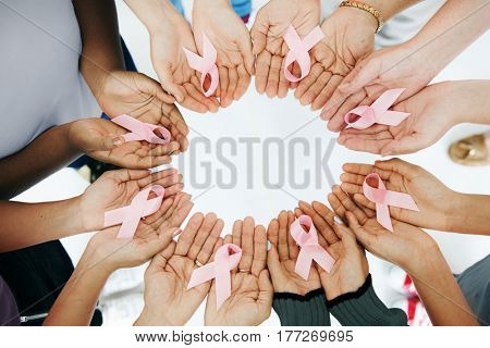Hands Palms Show Pink Ribbon Together Cancer Awareness
